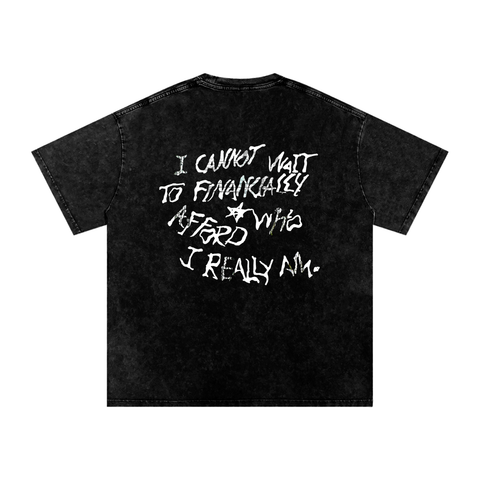 Black t-shirt with white text on a white background