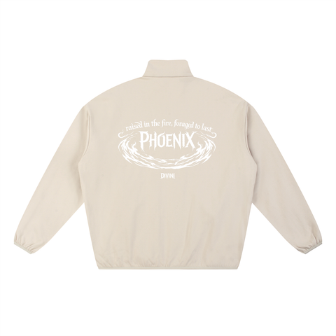 Apricot jacket with white text and logo on a white background