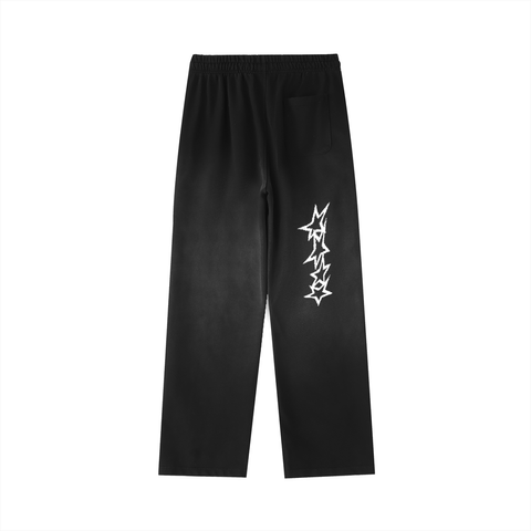 Black pants with a white logo on a white background