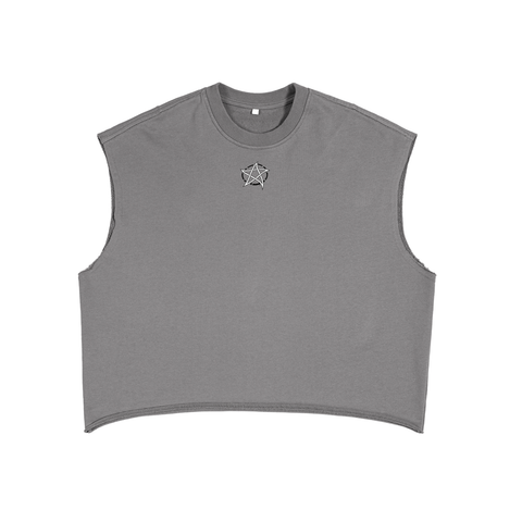 Gray sleeveless shirt with a small logo on a white background