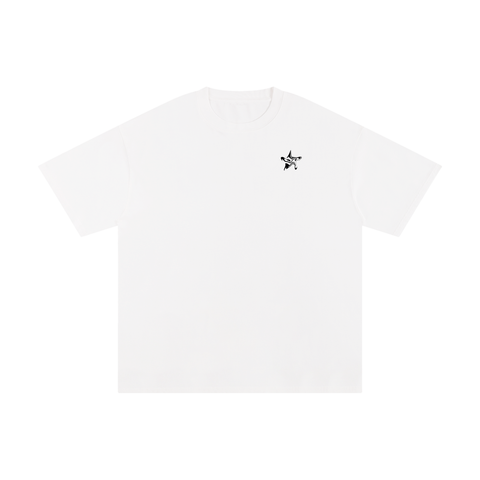White t-shirt with a small black logo on a white background
