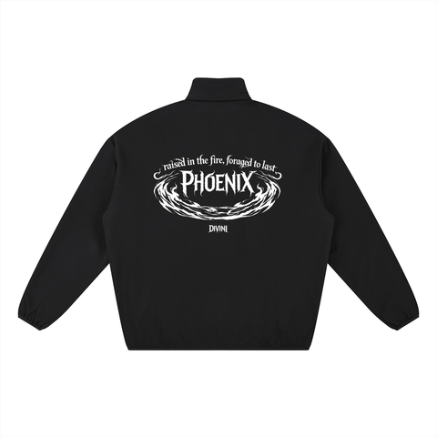 Black jacket with white text and design on the back against a white background