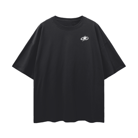 Black t-shirt with a small white logo on a white background
