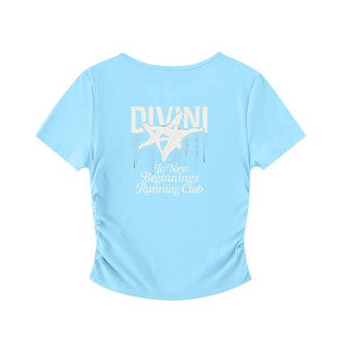 Blue lightweight running club t-shirt back design with white text and logo
