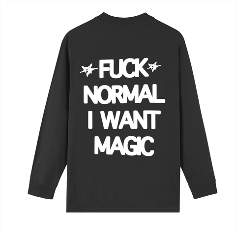 Black long-sleeve shirt with white text on a white background