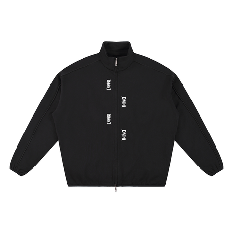 Black jacket with white branding on a white background