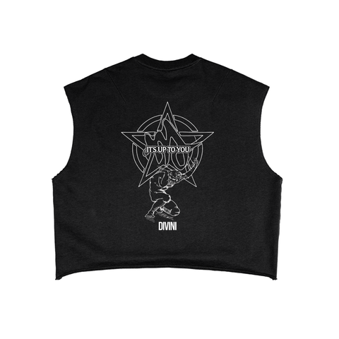 Black sleeveless top with white graphic design on a white background