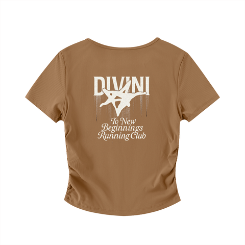 Brown lightweight running club t-shirt back design with white text and logo