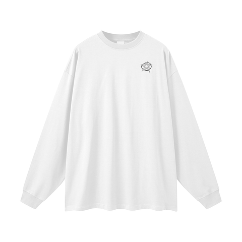 White long-sleeve shirt with a small logo on a white background