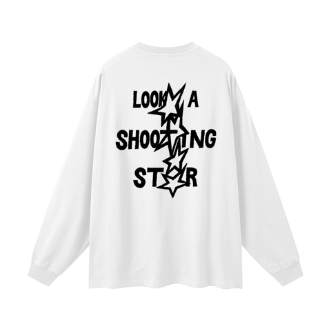 White long-sleeve shirt with black text and star graphic on a white background