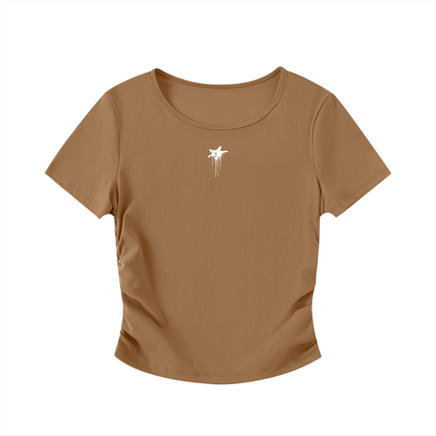 Brown lightweight running club t-shirt front design with white text and logo