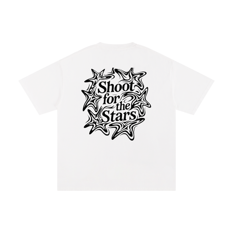 White t-shirt with black graphic design and text 'Shoot for the Stars' on a white background
