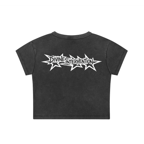 Black t-shirt with 'Divine Intervention' graphic on a white background