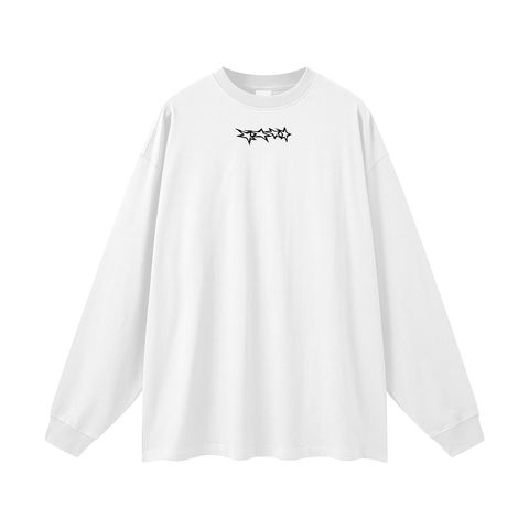 White long-sleeve shirt with a black logo on a white background