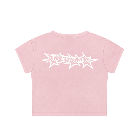 Pink t-shirt with 'Divine Intervention' text on a white background