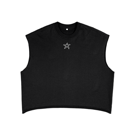 Black sleeveless shirt with a white star emblem on a white background