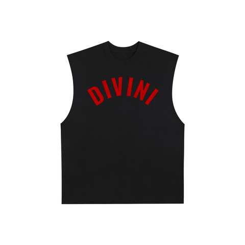 Black sleeveless shirt with red 'DIVINI' text on a white background