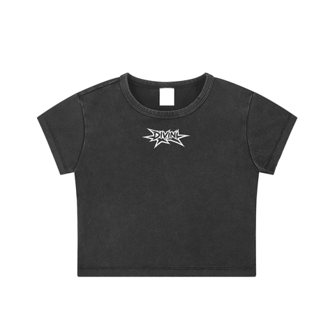 Black t-shirt with a logo on a white background