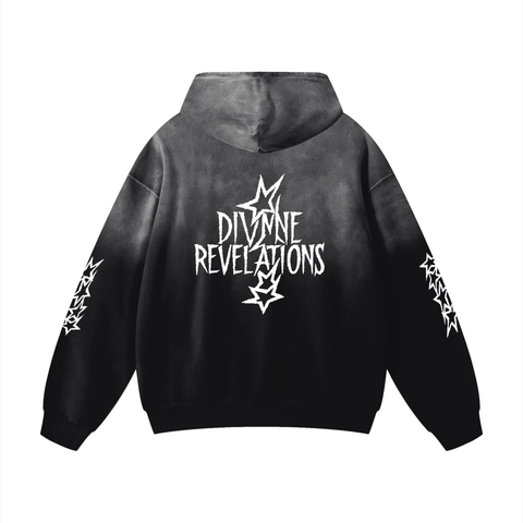 Black hoodie with 'Divine Revelations' text and star designs on a white background