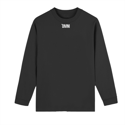 Black long-sleeve shirt with 'DIVINI' logo on a white background