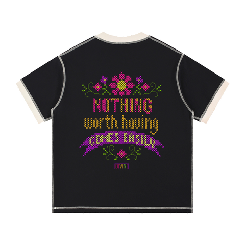 Black with apricot Nothing Worth Having Comes Easily Stitched Tee back view